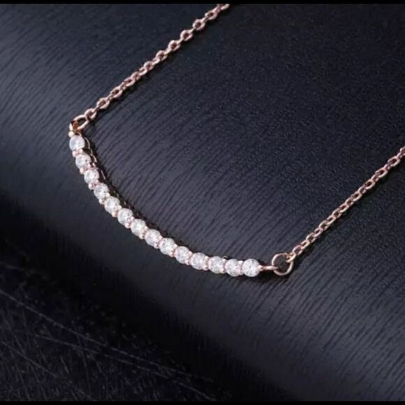 Rose Gold PLATED CZ Diamond Curved Bar Necklace - Picture 1 of 7